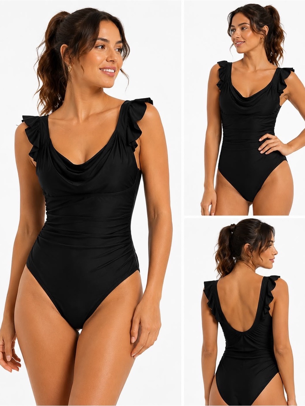 Black Ruffle Strap One-Piece Swimsuit - Draped Front